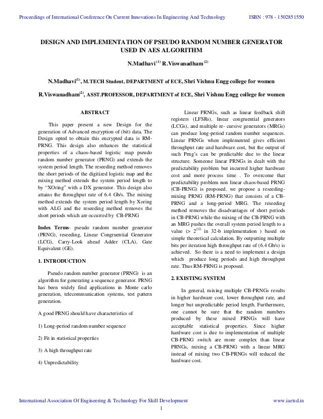 Iaetsd design and implementation of pseudo random number generator