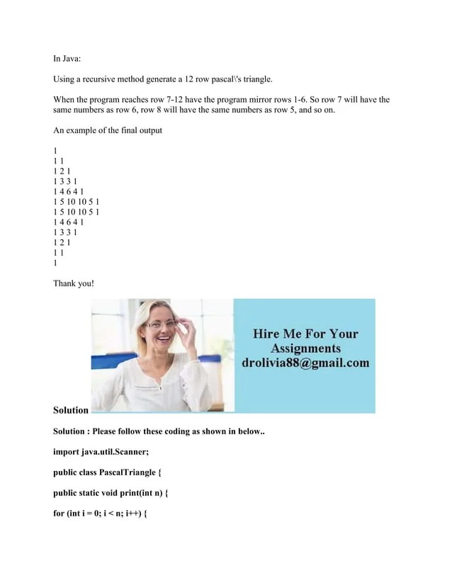 In Java Using a recursive method generate a 12 row pascal's triangle.docx