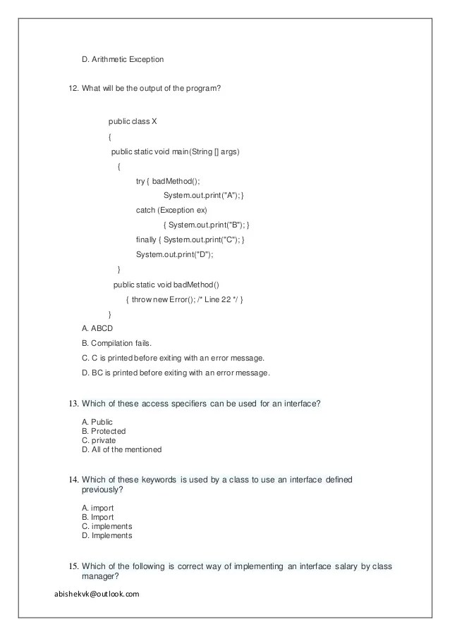Multiple Choice Questions for Java interfaces and exception handling