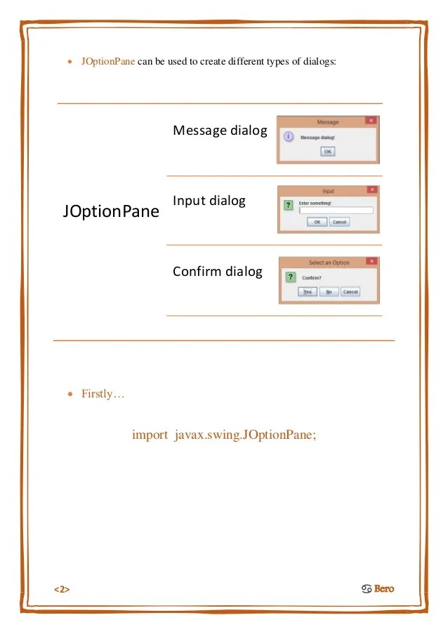 Java JOptionPane tutorial Message, input, and confirm dialogs