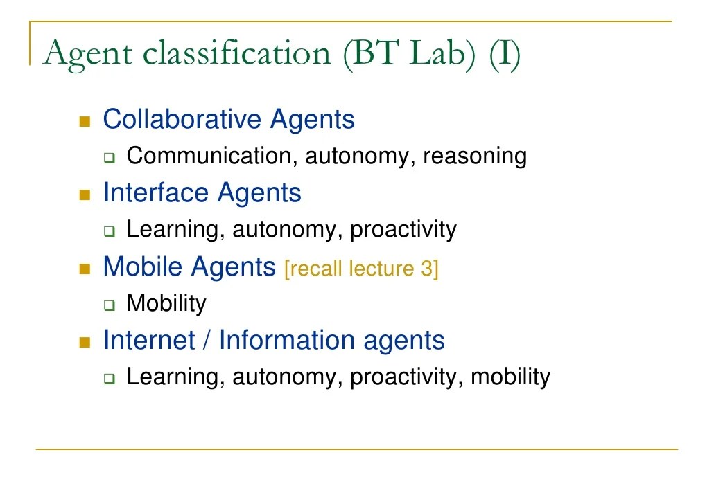 Lecture 4 Agent types Lecture 4 Agent types