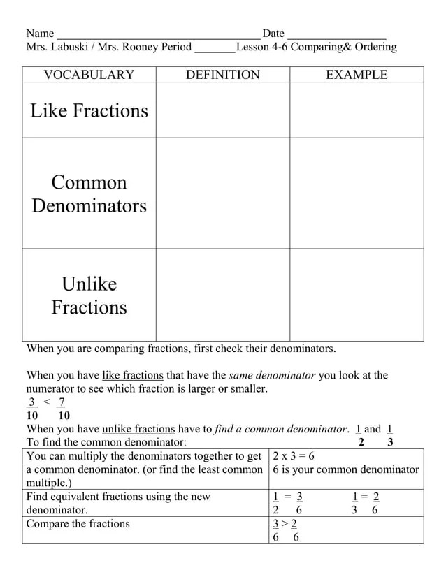 Lesson 4 6 comparing and ordering fractions PDF