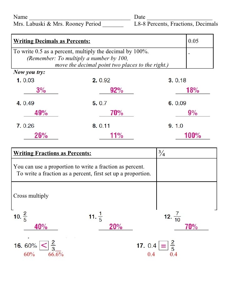 Lesson 8 8 precents, fractions, decimals