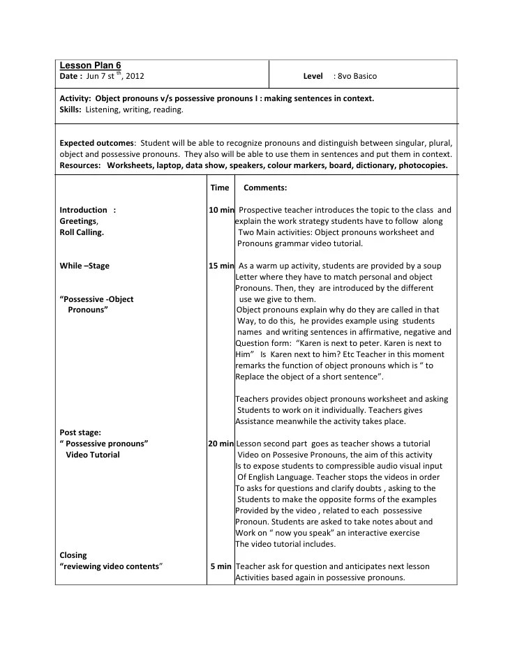 Lesson plan 6 octavo basico object possesive_pronouns