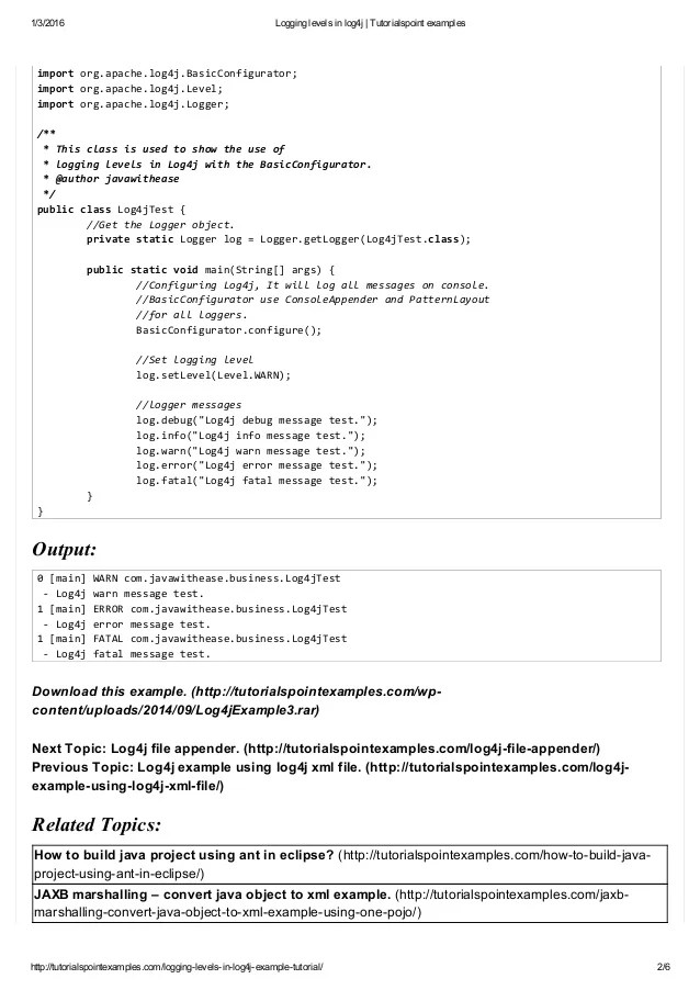 Logging levels in log4j tutorialspoint examples