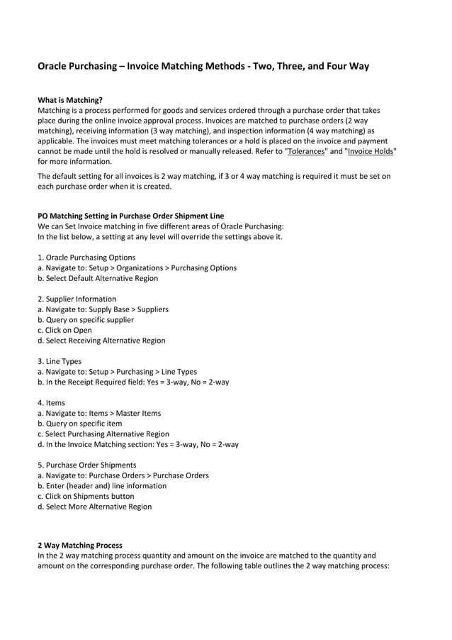 Oracle Purchasing Invoice Matching Methods Two, Three, and Four Way