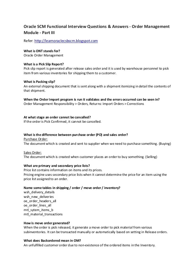 Oracle SCM Functional Interview Questions & Answers Order Managemen…