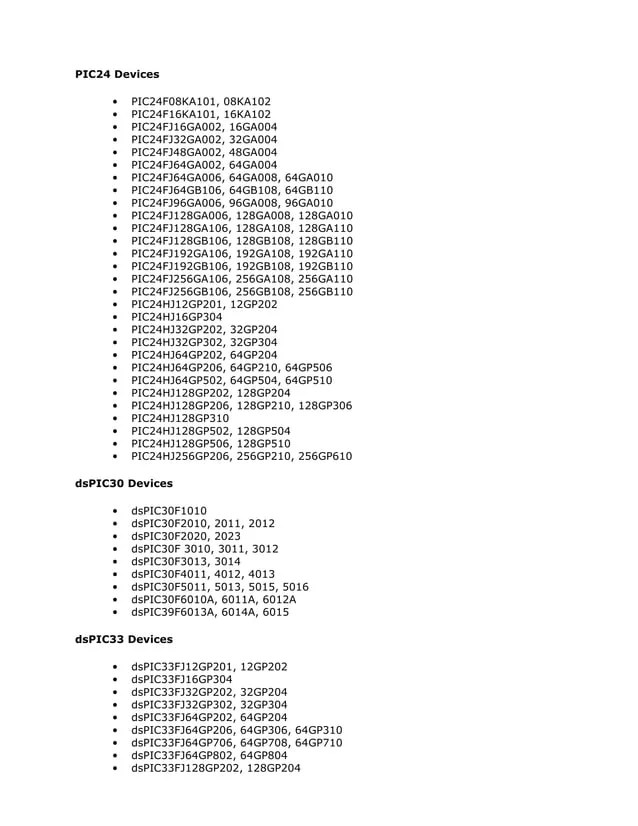 PICkit 2 Programmer device support list PDF