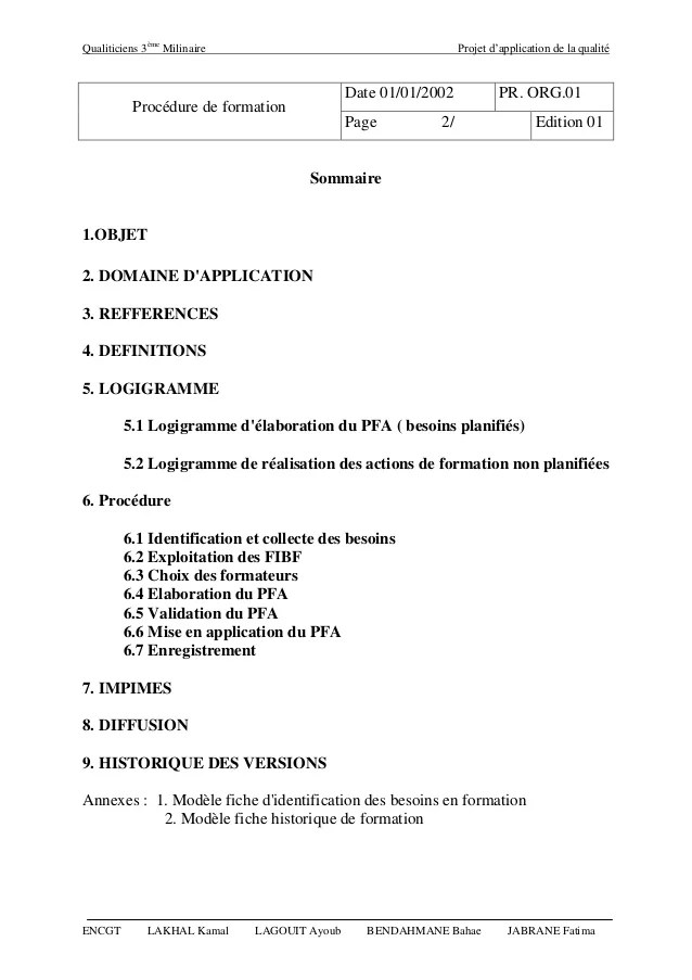 Procédure de formation