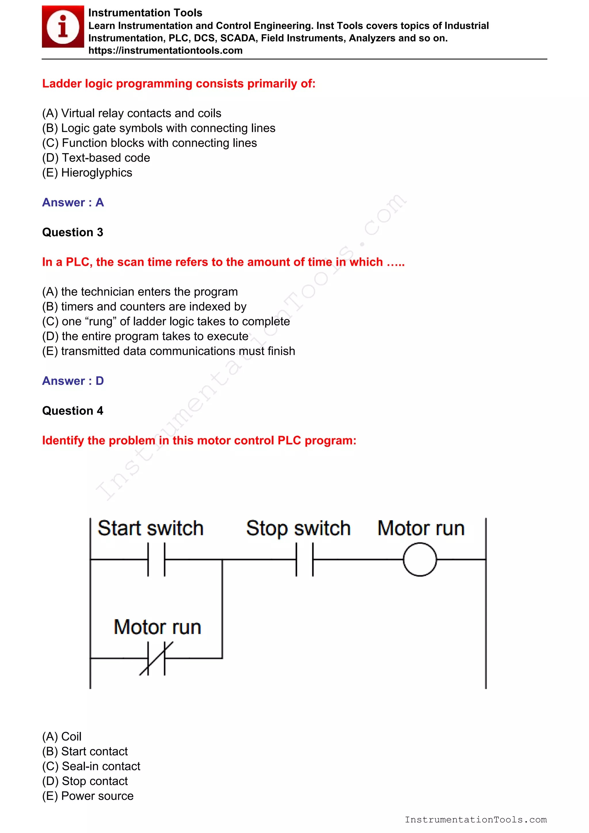 Programmable logic controllers (PLC) Questions PDF
