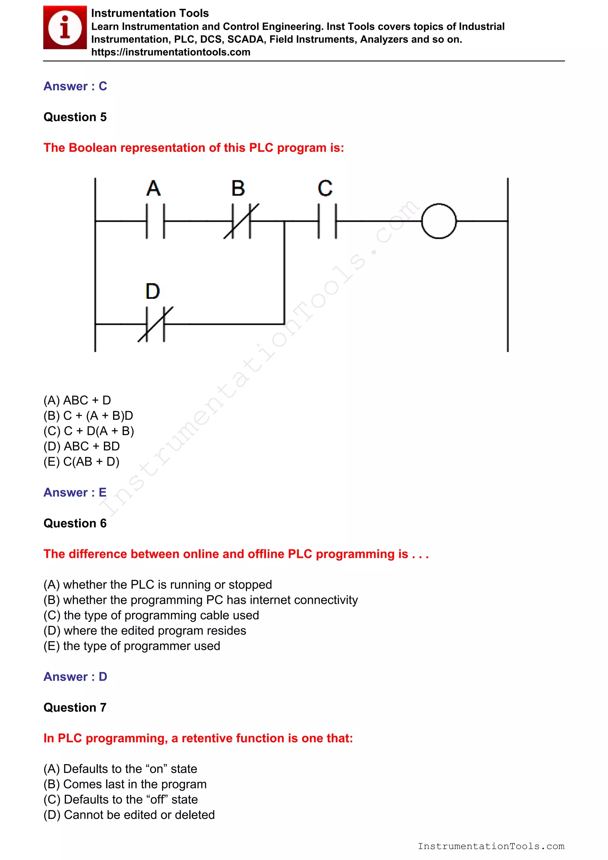 Programmable logic controllers (PLC) Questions PDF