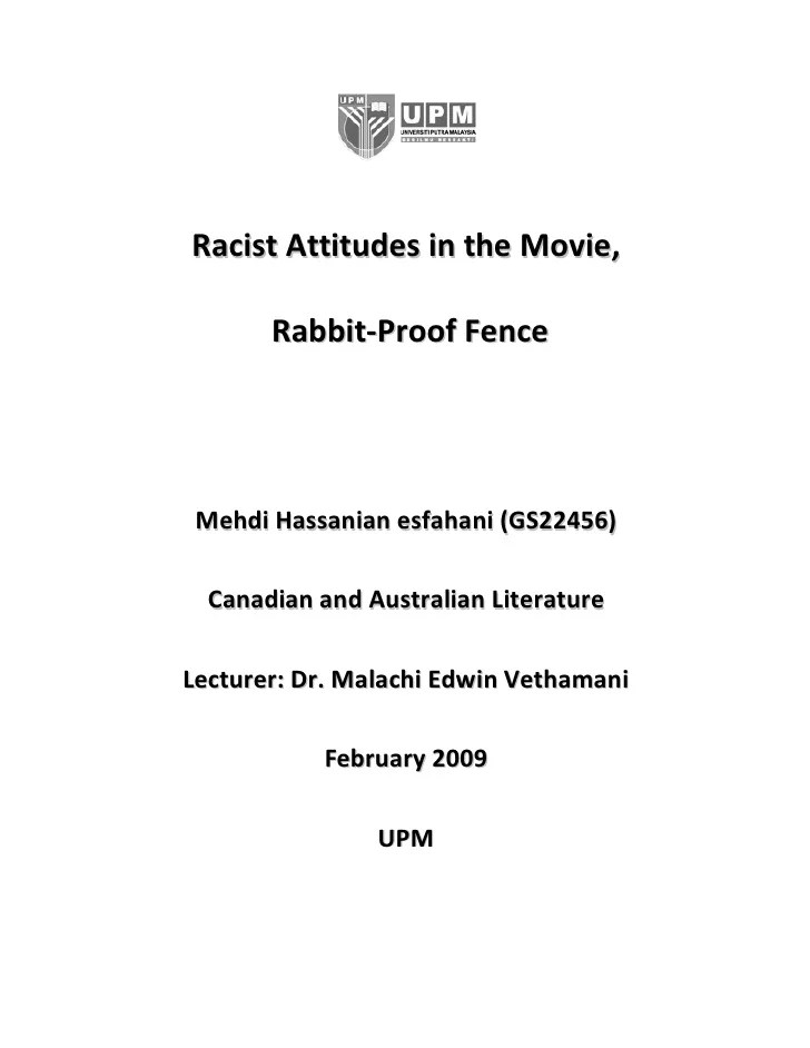 Racist Attitudes In Rabbit Proof Fence