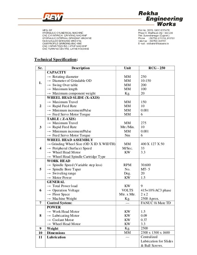 Technical specifications of Our CNC grinding machine