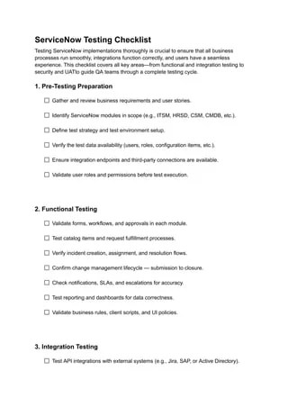 ServiceNow Testing Checklist: A Complete 2026 QA Guide | PDF