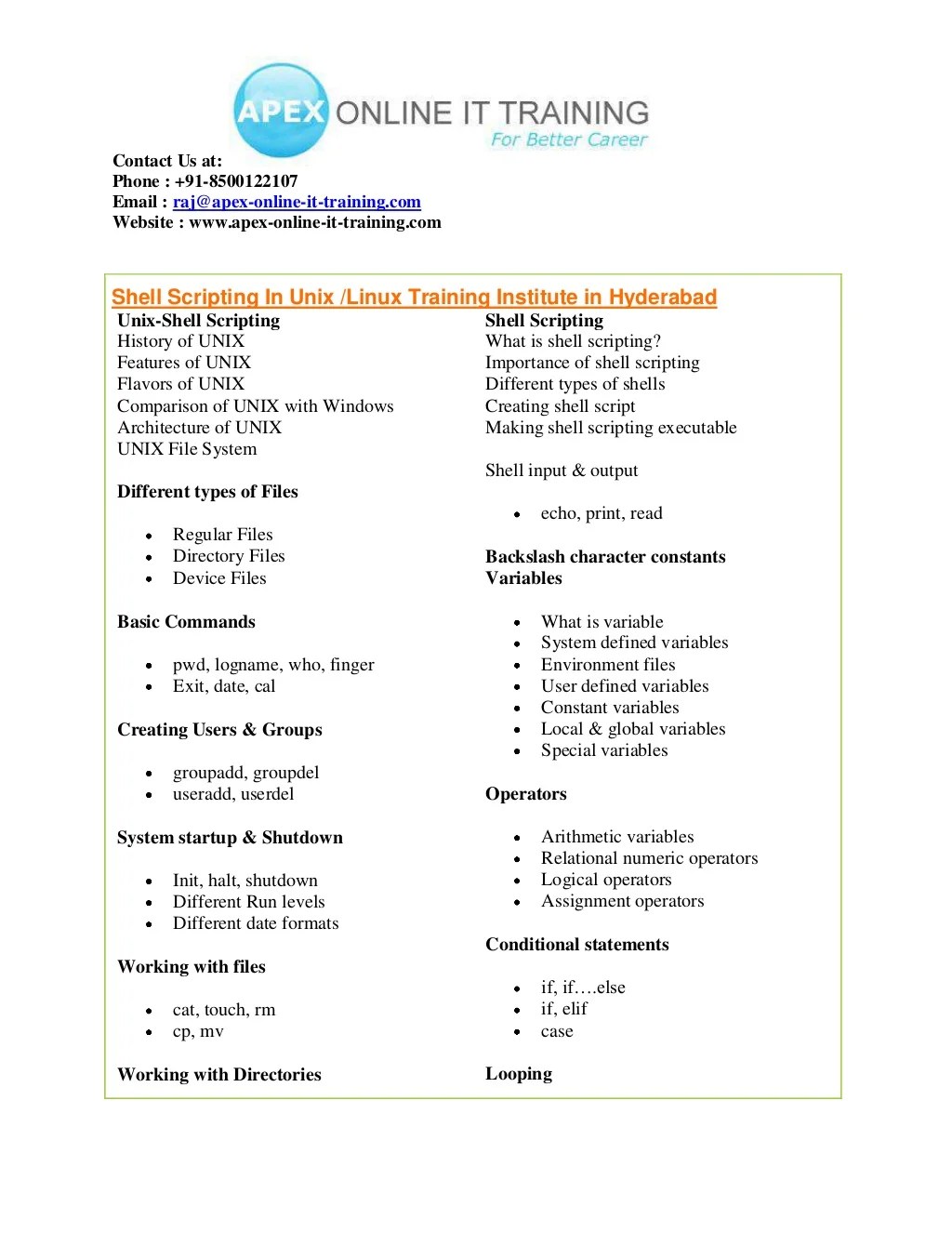 Shell scripting UNIX ONLINE TRAINING COURSE CONTENT