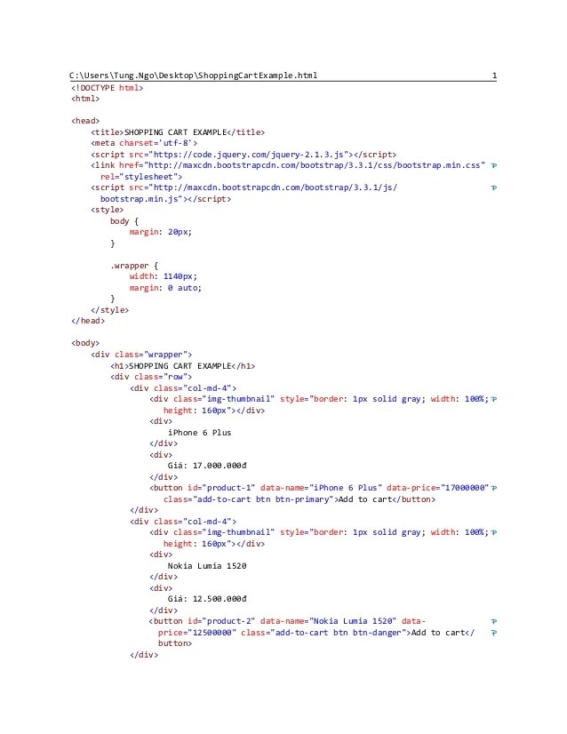 Shopping Cart Example (HTML + Javascript)