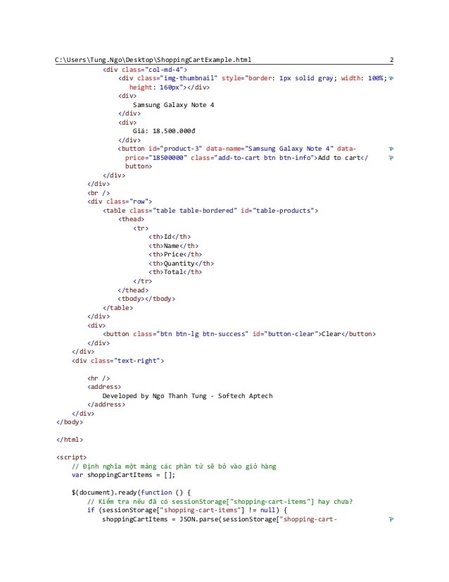 Shopping Cart Example (HTML + Javascript)