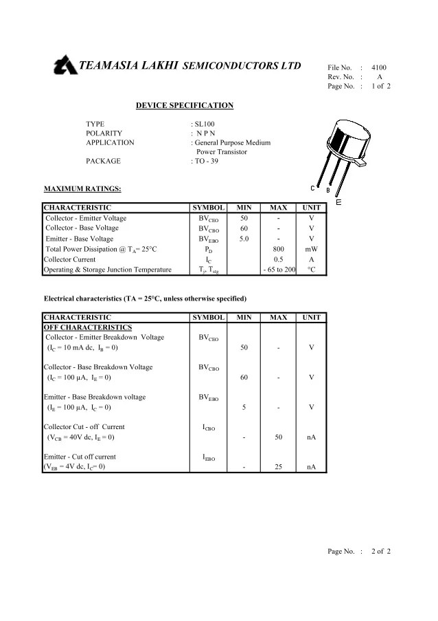 SL100 Transistor data sheet