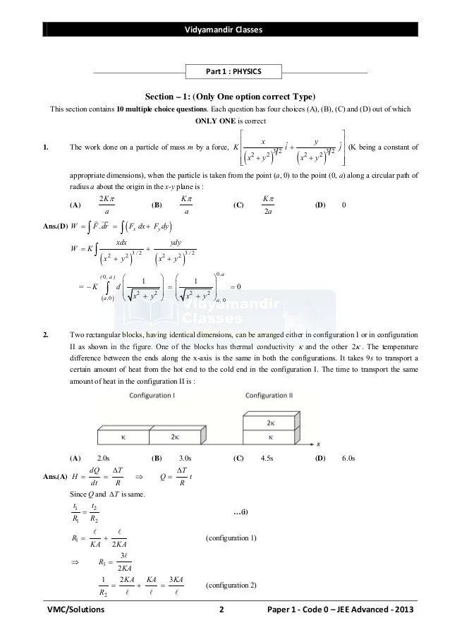 Vidyamandir Jee Advanced 2013 Paper 1