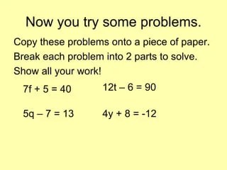 Solving 2 step variable equations | PPT