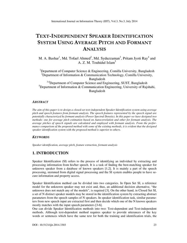 Text independent speaker identification system using average pitch and