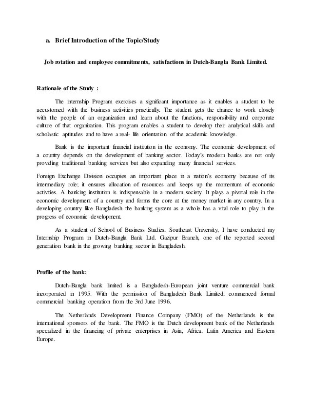 The internship research report proposal format for DBBL