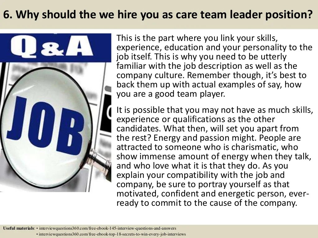 Top 10 care team leader interview questions and answers