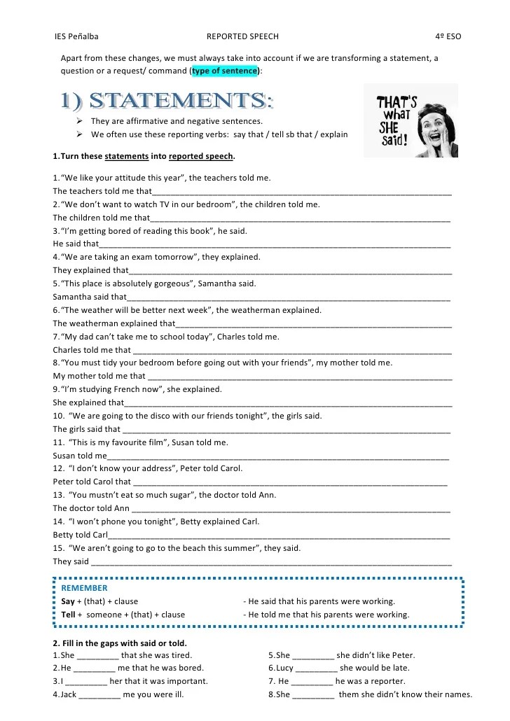 Exercises Indirect And Direct Speech Exercises