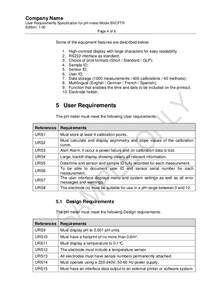 User Requirement For P H Meter.Sample Copy Only.