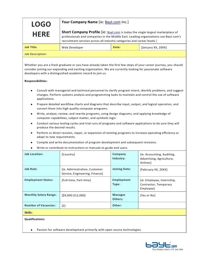 Web Developer Job Description Template by Web Developer Job Description Template by