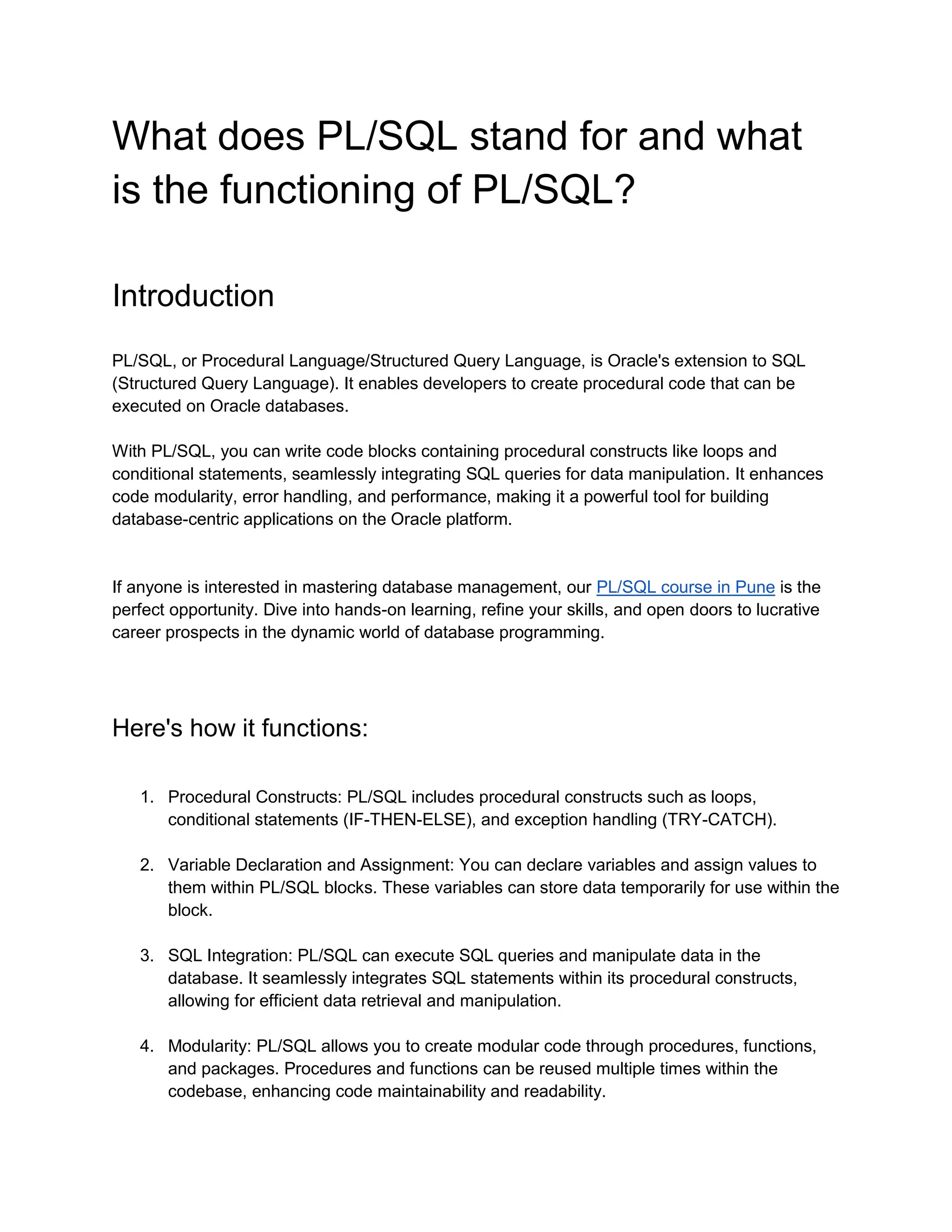 What does PL_SQL stand for and what is the functioning of PL_SQL.docx