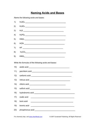 Worksheet naming acids and bases