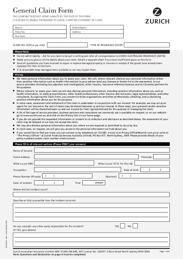 Zurich Property Claim Form