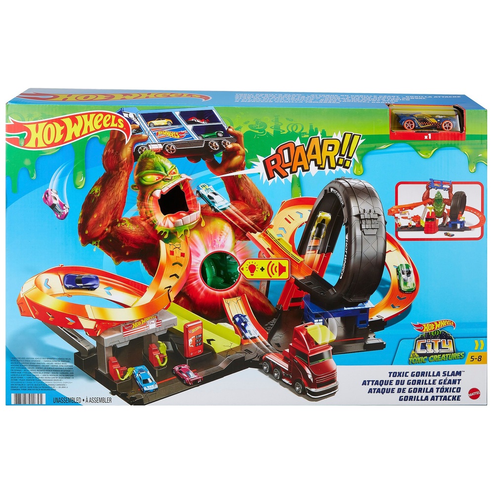 Hot Wheels City Bahn Toxic Gorilla Slam Rennstrecke mit Autos Smyths