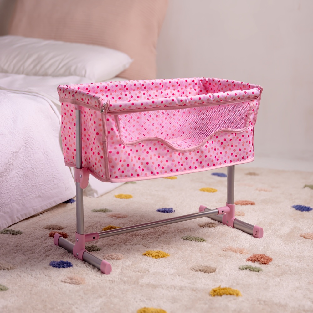 Doll Bedside Crib with Pillow and Quilt in Pink Spot Print Smyths Toys UK