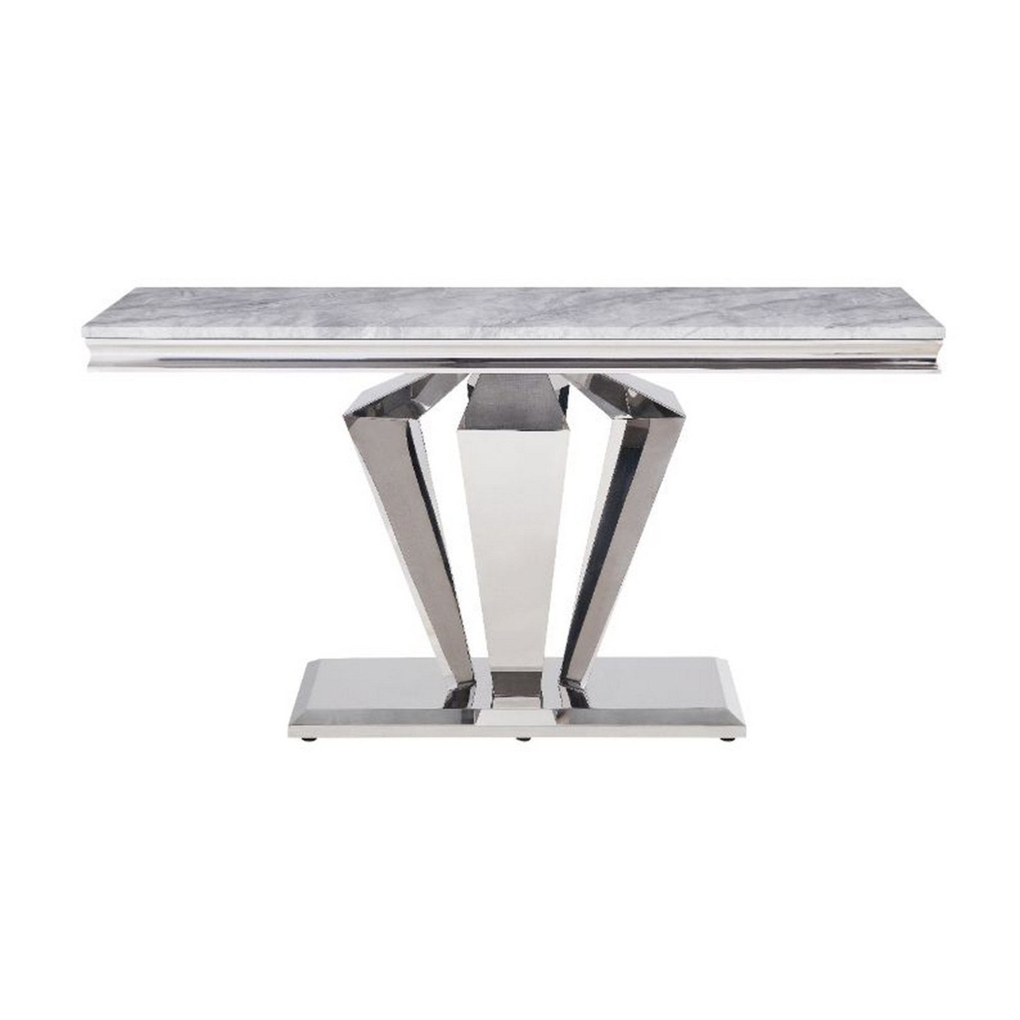 Benzara Sofa Table with Faux Marble Top and Steel Base, Silver