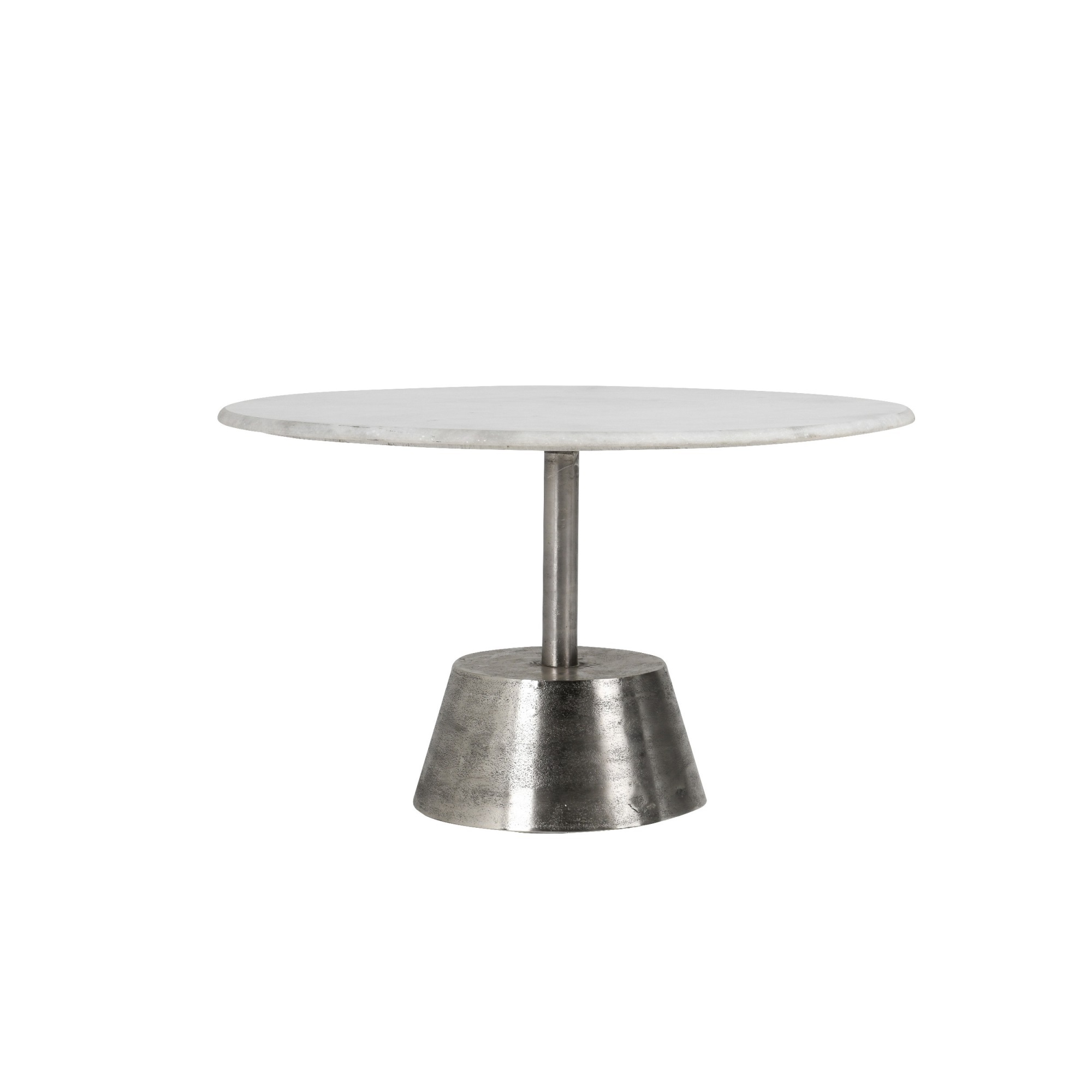 Benjara Tyler 30 Inch Round Coffee Table, White Marble Top, Brushed Silver Pedestal Base