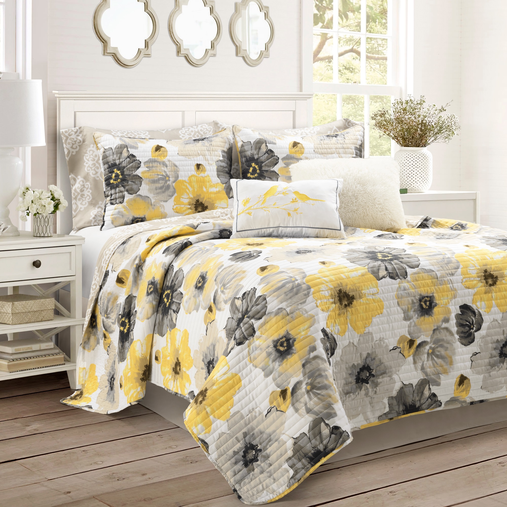 Lush Decor Leah Soft Reversible Oversized Quilt Yellow/Gray 8Pc Set King