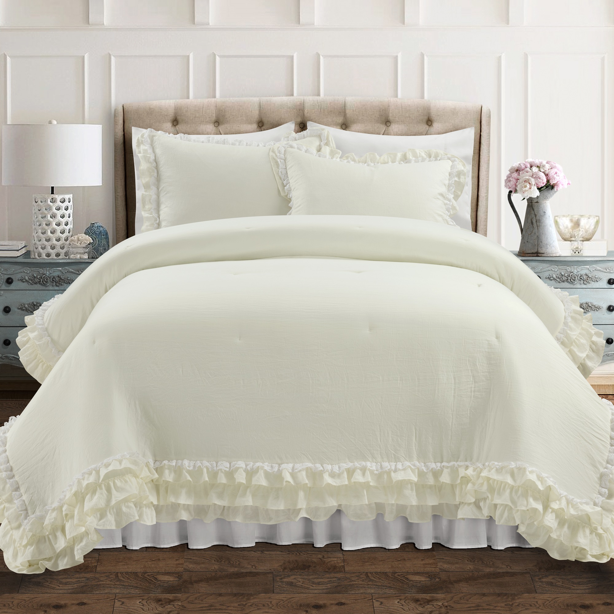 Lush Decor Ella Parisian Vintage Chic Ruffle Lace Comforter Ivory 3Pc