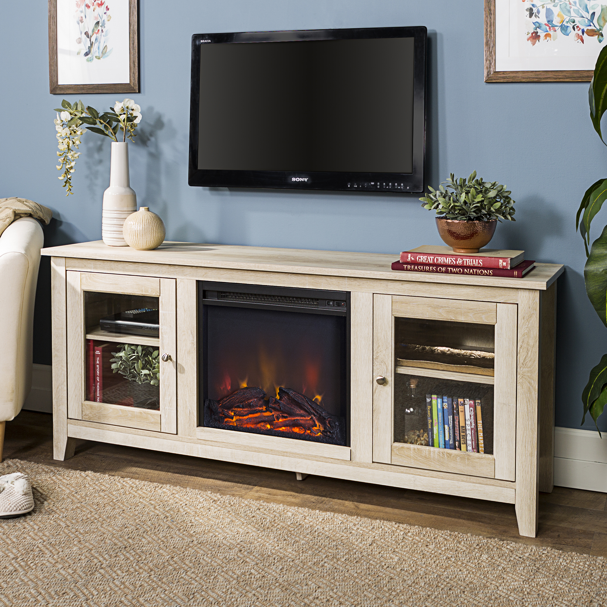 WalkerEdison Furniture 58" Wood Media TV Stand Console with Fireplace