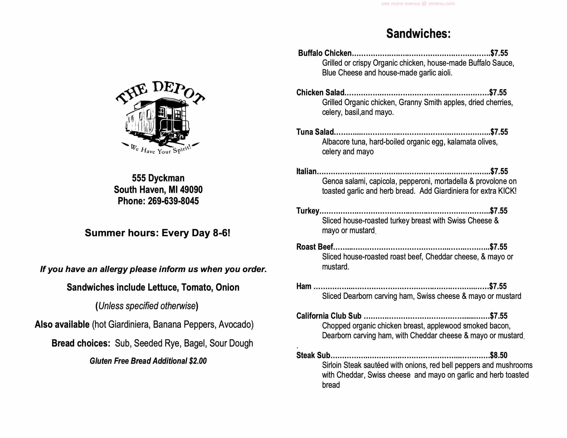 Online Menu of The Depot Restaurant, South Haven, Michigan, 49090 Zmenu
