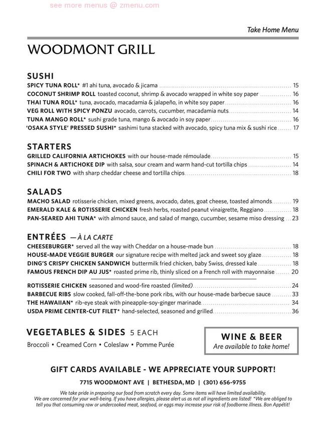 Online Menu of Woodmont Grill Restaurant, Bethesda, Maryland, 20814 Zmenu