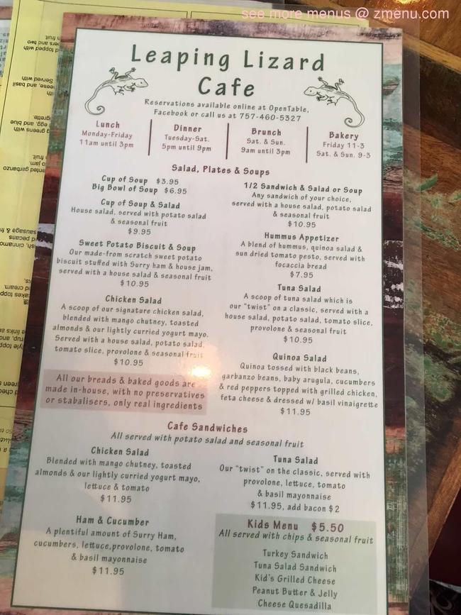 Online Menu of Leaping Lizard Cafe Restaurant, Virginia Beach, Virginia