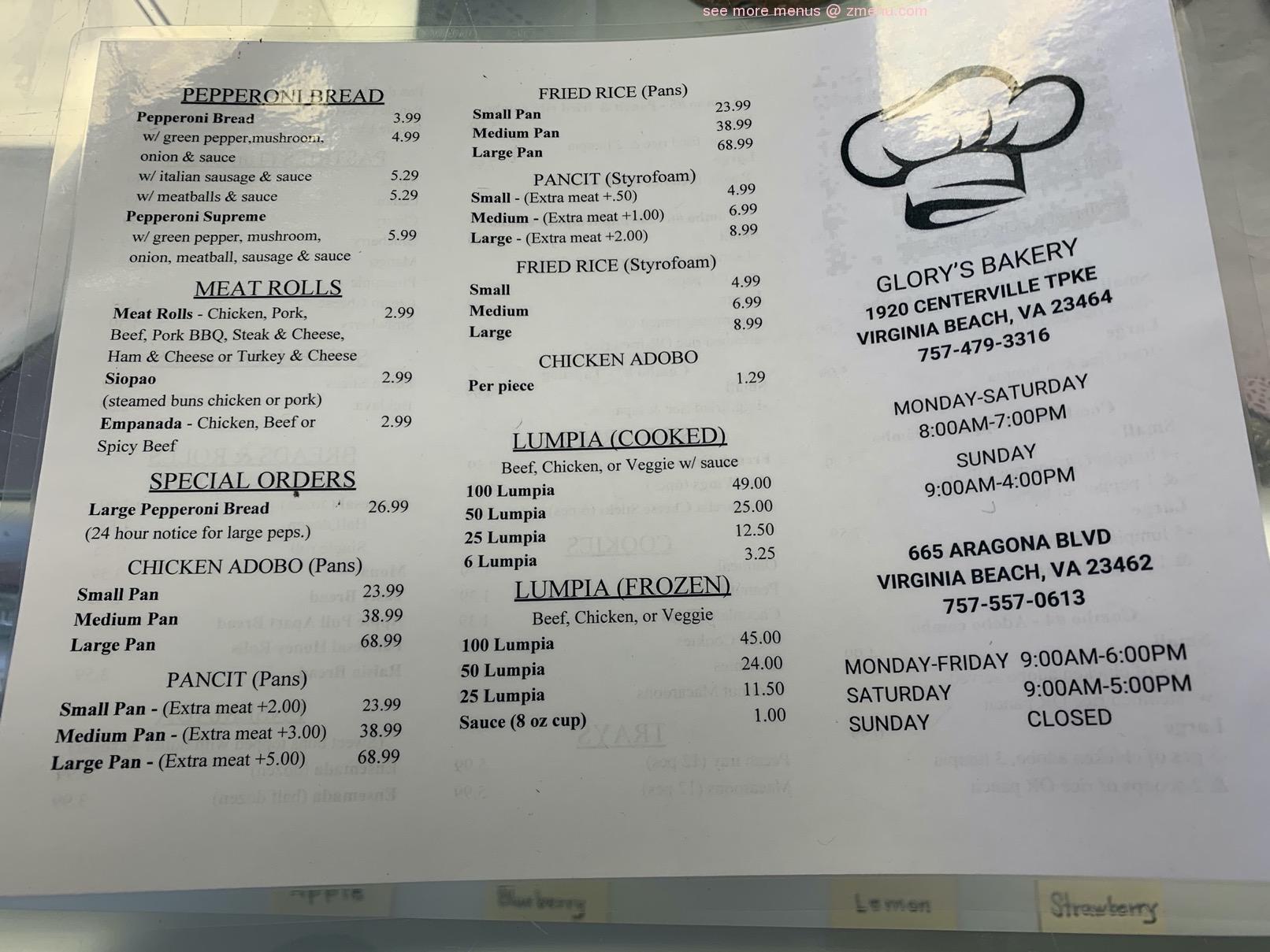 Online Menu of Glorys Bakery Restaurant, Virginia Beach, Virginia