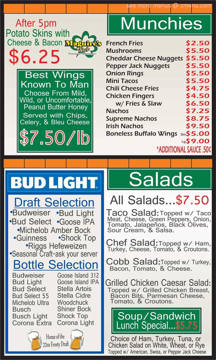Online Menu of Maguires Bar & Grill Restaurant, Bloomington, Illinois, 61701 Zmenu