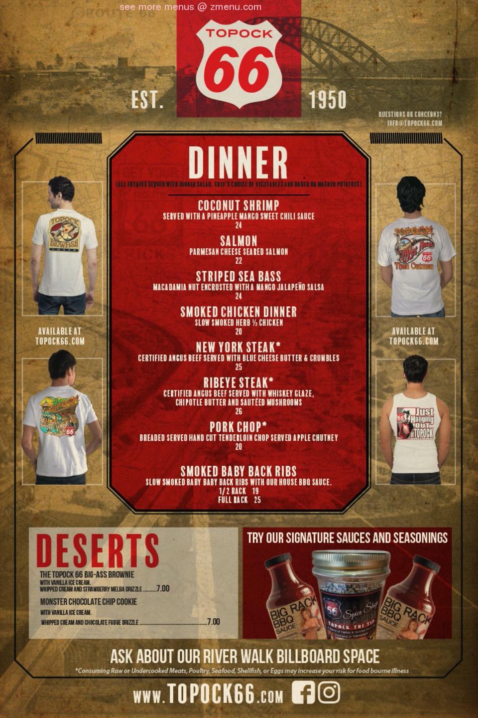 Online Menu of Topock 66 Restaurant, Topock, Arizona, 86436 Zmenu