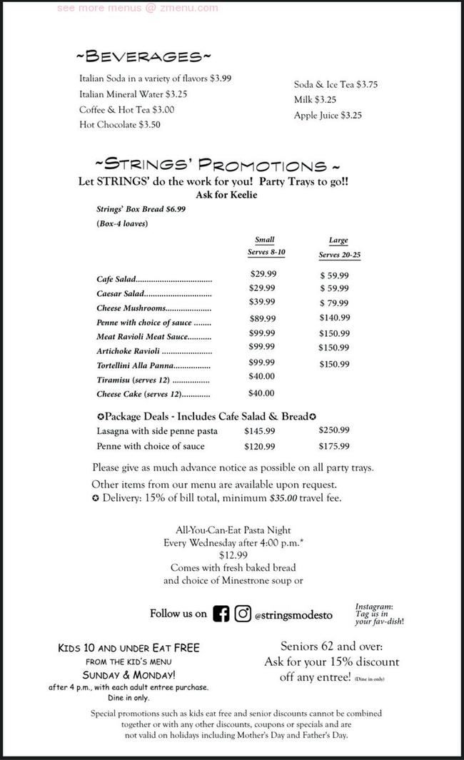 Online Menu of Strings Italian Cafe Restaurant, Modesto, California