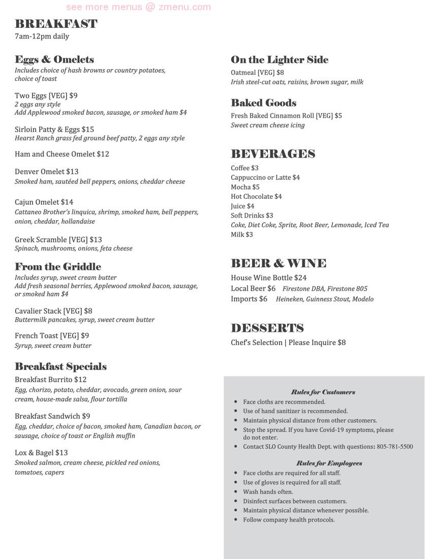 Online Menu of Cavalier Oceanfront Resort Restaurant, San Simeon