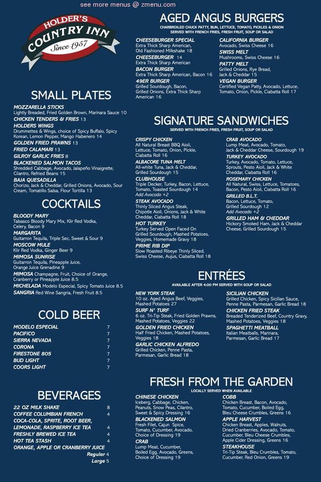Online Menu of Holder's Country Inn Restaurant, San Jose, California