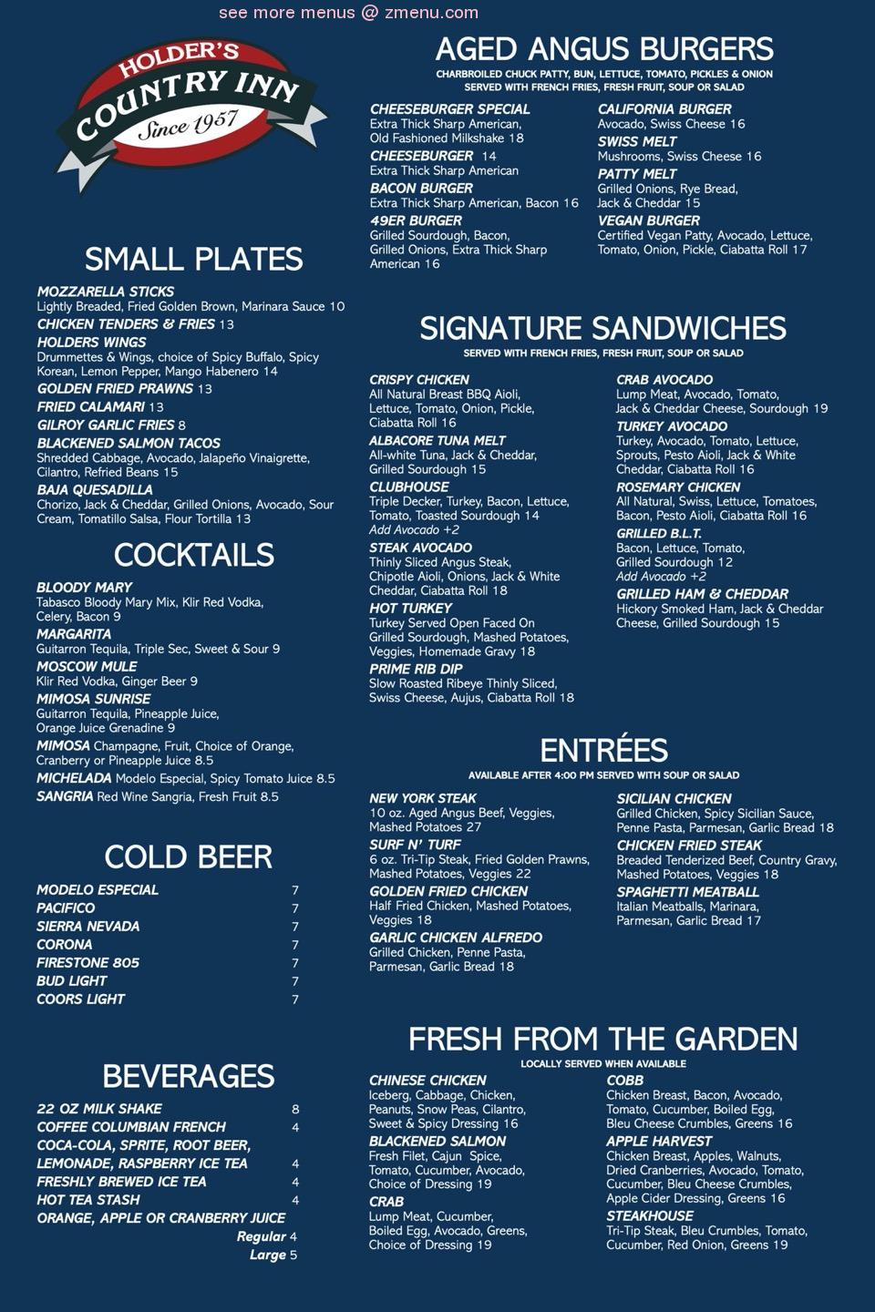 Online Menu of Holder's Country Inn Restaurant, San Jose, California